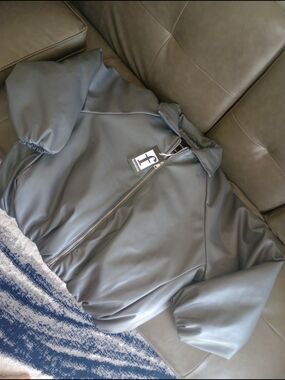 Womens Gray Bomber Faux Leather Jacket